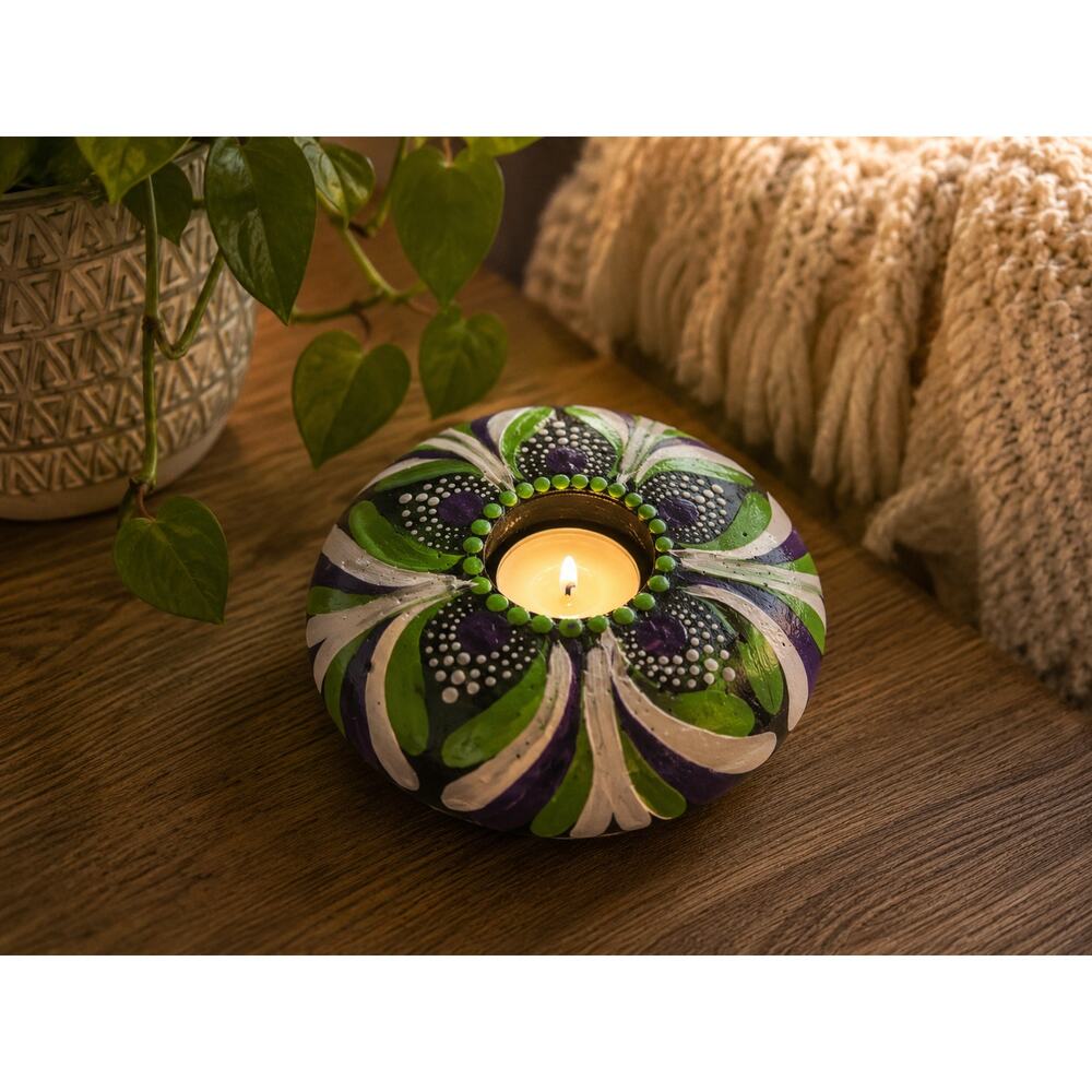Hand Painted Floral Tealight Holder Boho Candle Decor Green Purple